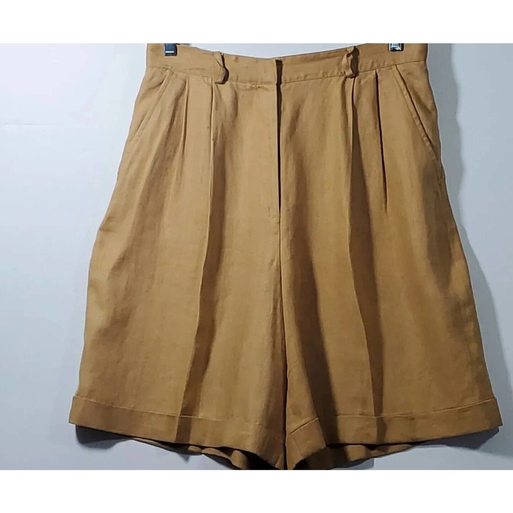 Valerie Stevens Pleated Linen Front Zip Closure Culottes Skirt Pockets Gold 14